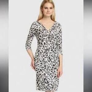 Lauren Ralph Lauren Gray White Printed Surplice Faux Wrap Dress Size 14